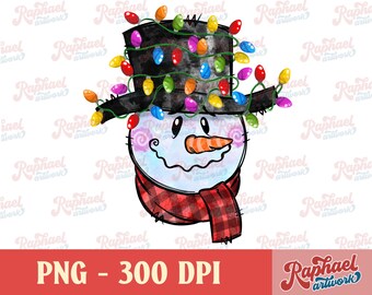 Plaid Snowman PNG Sublimation Design | Christmas Lights | Digital Download | Xmas Printable Art | Hand Drawn Clipart | Light Bulbs