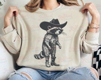 Vintage Cowboy Racoon Sweatshirt, Funny Western Trash Panda Retro 90s Outfit, Weirdcore Meme Clothing, Oversized Grunge Hippie Boho