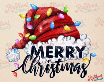 Joyeux Noël Chapeau de Père Noël PNG Sublimation Design | Lumières de Noël Aquarelle | | de téléchargement numérique Art imprimable de Noël | Dessiné à la main