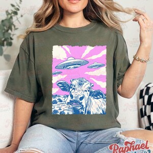 Vintage Highland Cow UFO Shirt, Retro Heifer Alien Invasion Shirt, Funny Meme Graphic Tee, Weirdcore Clothing, Gen Z Western Gift Sage