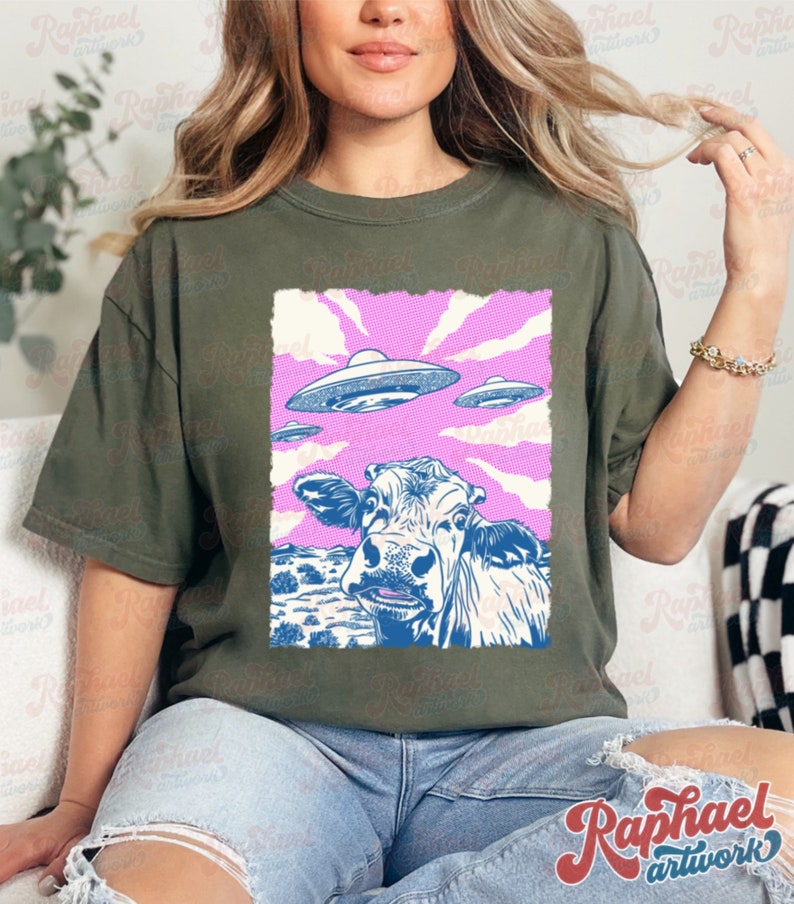 Vintage Highland Cow UFO Shirt, Retro Heifer Alien Invasion Shirt, Funny Meme Graphic Tee, Weirdcore Clothing, Gen Z Western Gift Sage