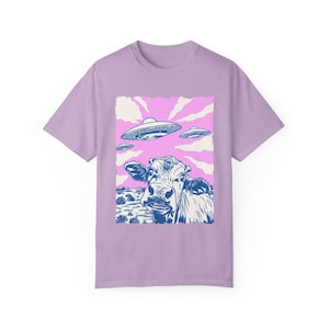 Vintage Highland Cow UFO Shirt, Retro Heifer Alien Invasion Shirt, Funny Meme Graphic Tee, Weirdcore Clothing, Gen Z Western Gift Orchid