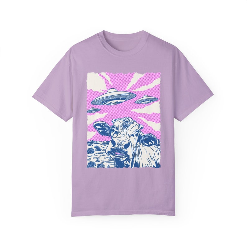Vintage Highland Cow UFO Shirt, Retro Heifer Alien Invasion Shirt, Funny Meme Graphic Tee, Weirdcore Clothing, Gen Z Western Gift Orchid