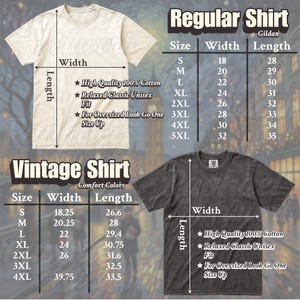 May include: A size chart for a light beige regular t-shirt and a dark gray vintage t-shirt. The chart displays width and length measurements in inches for sizes S through 5XL, noting 100% cotton material and a relaxed classic unisex fit.