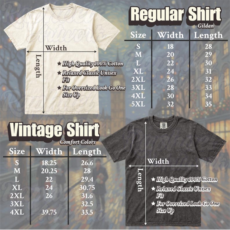 May include: A size chart for a light beige regular t-shirt and a dark gray vintage t-shirt. The chart displays width and length measurements in inches for sizes S through 5XL, noting 100% cotton material and a relaxed classic unisex fit.