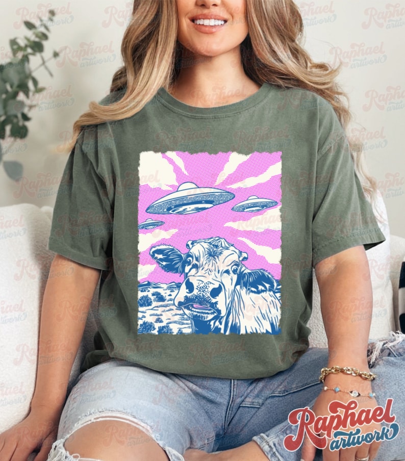 Vintage Highland Cow UFO Shirt, Retro Heifer Alien Invasion Shirt, Funny Meme Graphic Tee, Weirdcore Clothing, Gen Z Western Gift Moss