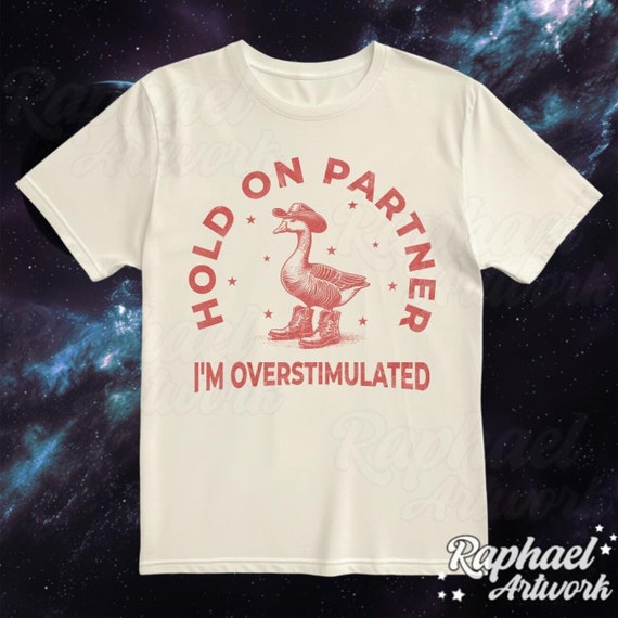 Hold On Partner I'm Overstimulated Vintage Shirt, Funny Cowboy Goose Tshirt, Oversized Western 90s Graphic Tee, Retro Weirdcore Meme Gift