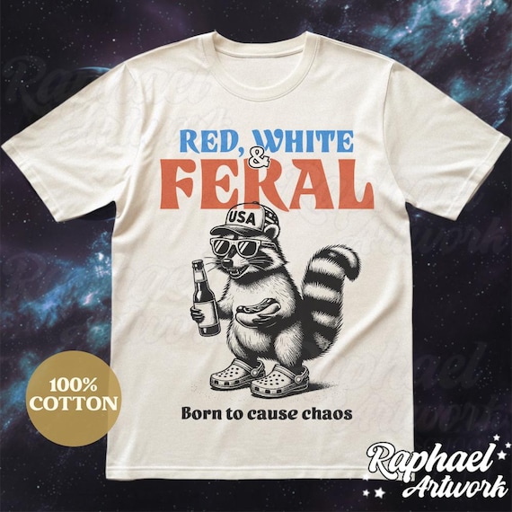 Red, White & Feral Trending Shirt, Funny USA Racoon Tshirt, Retro 4th of July 90s Graphic Tee, Aesthetic Weirdcore Oversized Clothing