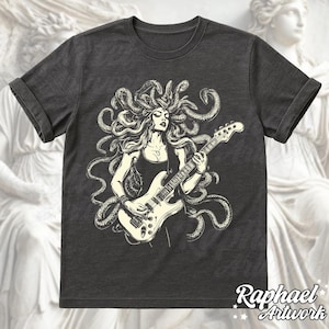 Trending Gorgon Medusa Goddess Playing the Guitar T-Shirt, Aesthetic Greek Mythology Rock Music 90s Graphic Tee, Weirdcore Fantasy Dark Art