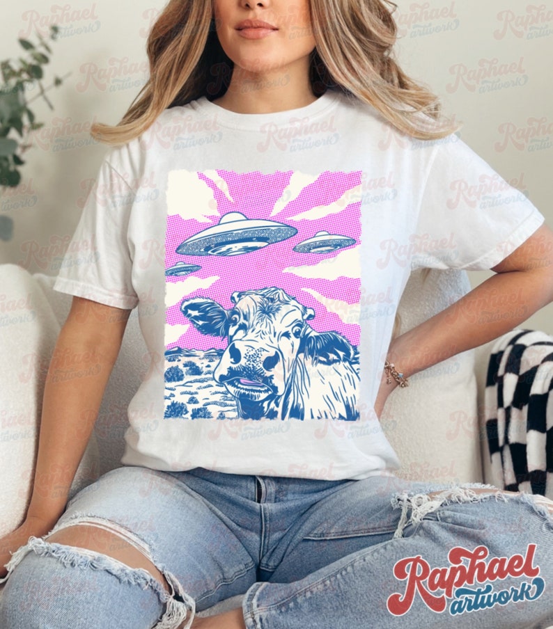 Vintage Highland Cow UFO Shirt, Retro Heifer Alien Invasion Shirt, Funny Meme Graphic Tee, Weirdcore Clothing, Gen Z Western Gift White