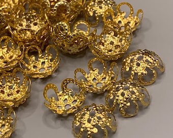 50 Gold Tone Bead Caps Golden Colour Bead Cap Filigree Iron Metal Size 10mm Diameter (Hole 1mm) Beading Jewellery Making Crafting (50 pcs)