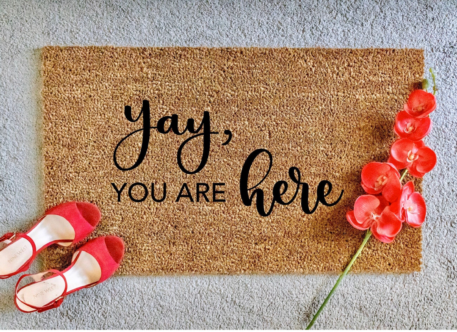 Yay you're here doormat personalized doormat spring Etsy