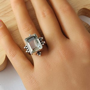 festive Green Amethyst/Prasiolite natural rare stone cocktail ring 925 sterling silver and rhodium polish size #8 handcrafted