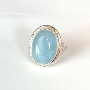 Genuine Aquamarine ring in 925 sterling silver size #6 size #7 cabochon, aqua blue color, oval statement ring