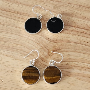 Natural Black onyx and tigers eye earrings in 925 sterling silver handmade earrings, dangling, got stone, genuine round shaped