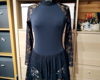 Ladies High Neck Skating Dress with lace sleeves and skirt - Custom made to order in Cornwall - Adult and Plus sizes