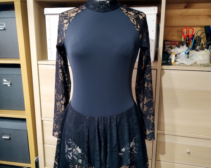 Ladies High Neck Skating Dress with lace sleeves and skirt - Studio Sample - Size UK12  - Made in Cornwall