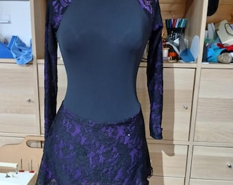 Ladies High Neck Skating Dress with lined lace sleeves and skirt and Preciosa crystalling - Custom made to order in Cornwall