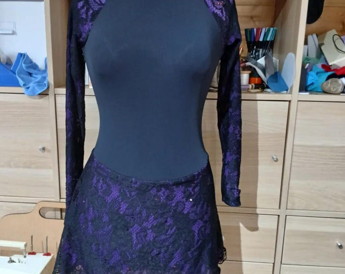 Ladies High Neck Skating Dress with lined lace sleeves and skirt and Preciosa crystalling - Custom made to order in Cornwall
