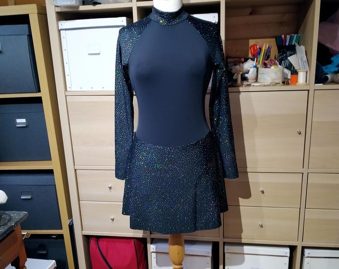 Ladies High Neck Skating Dress with hologram sparkle sleeves and skirt - Made to order in Adult and Plus sizes - Made in Cornwall