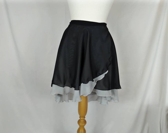 Double Ballet Wrap Skirt - Chiffon - Floaty - Black & Silver Grey - Rolled Hem - Adult Sizes, Plus and Custom - Made by Roaring Mouse
