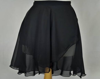 Ballet Wrap Skirt - Chiffon - Floaty - Black - Rolled Hem - Adult Standard and Plus Sizes - Made by Roaring Mouse in Cornwall, UK