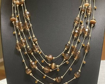 5 Strand Tiger Eye And Root Beer Crystal Bead Station Necklace 20”