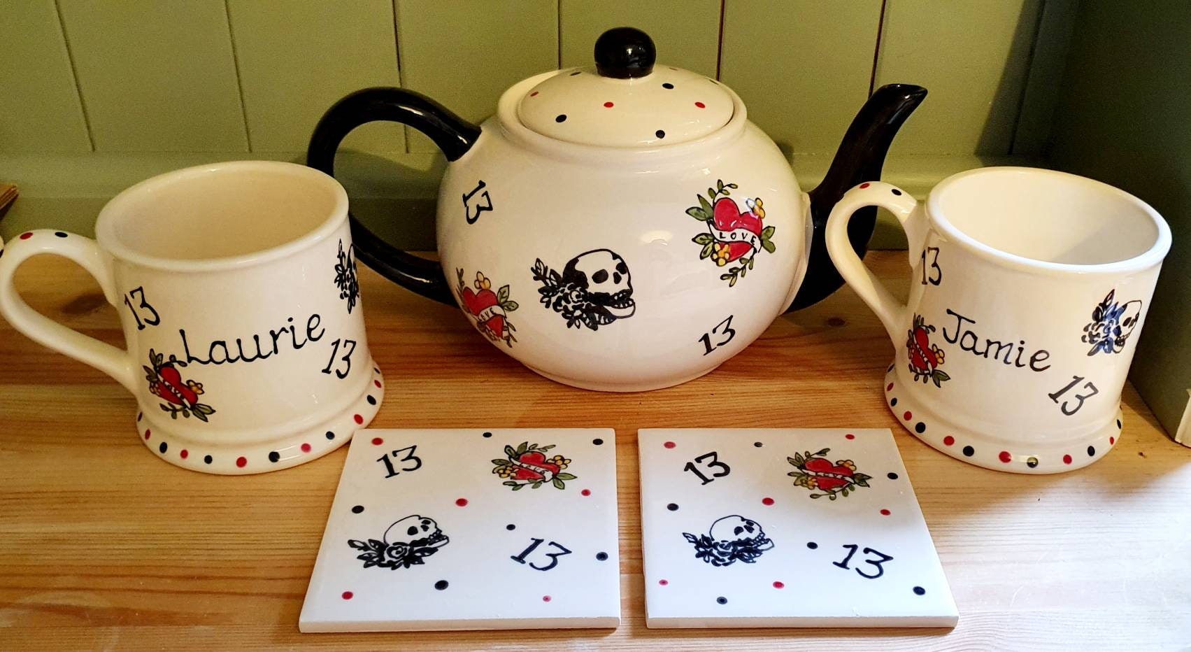 Skull/hearts/tattoo Design Tea Set Teapot 13 Coasters - Etsy