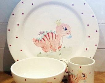 Dinosaur Plate set - Girl Dinosaur- children's dinner sets -  personalised plate - personalised mug- christening gift - personalised gift