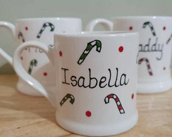 Candy Cane Christmas mug - personalised Christmas gift - Christmas Eve Box - personalised gift- hot chocolate mug - handpainted - candy cane
