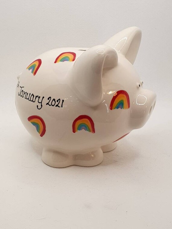 Personalised Piggy Bank -  christening gift - baptism - new baby gift -  birthday  - rainbow design -  ceramic piggy bank - Money Bank
