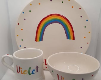 Personalised Dinner Set - Rainbow Design - Kids Dinner Set - plate set - Birthday gift  - Christmas gift- personalised childs gift - Kids