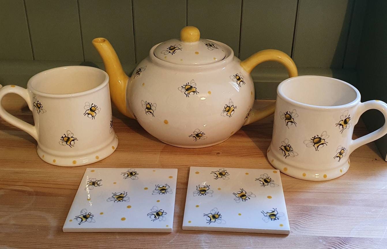 Bee Design Tea Set Teapot Bee Mugs Coasters Afternoon Etsy UK