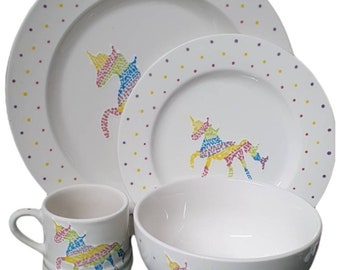 Ensemble de dîner licorne pour enfants - Ensemble de dîner Licorne - Ensemble d'assiettes - Cadeau d'anniversaire - Cadeau de Noël - personnalisé - Cadeau de Pâques - Assiette pour fille