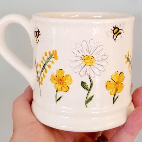 Handpainted Mug - Daisys - Buttercups - Bees - Birthday- Teacher Mug  - Personalised - nursery - childminder - Gift for Her- summer - spring