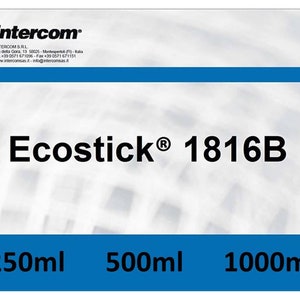 Può includere: Un'etichetta bianca con testo blu e bordo blu. Il testo recita "Ecostick® 1816B" e mostra tre dimensioni: 250 ml, 500 ml e 1000 ml.
