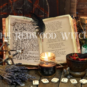 May include: An open, aged book with handwritten text, a black feather, and lit candles. The image includes a mortar and pestle with red peppers, a glass bottle, and the text "THE REDWOOD WITCH".