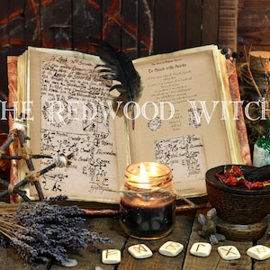 May include: An open book with handwritten text and illustrations, a lit candle, a mortar and pestle with red chili peppers, a crystal ball, a feather quill, and other witchy supplies on a wooden table. The book's title is "The Book of Magic Spells".
