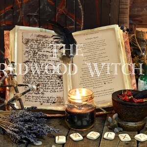 May include: An open antique book with handwritten text, a feather quill, and lit candles. The image features a collection of mystical items, including a mortar and pestle, bottles, herbs, and the text "THE REDWOOD WITCH".