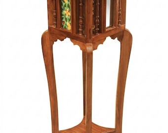 Wooden Plant Stand Table | Handmade Teak Pedestal Mirror | Vintage Boho Side Table | Furniture Decor