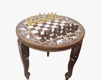 Chess Board Table Wooden Chess Piece Round Chess Table Vintage Home Decor Gift Decorative Inlaid Center Table Coffe Teapoy Table Living Room