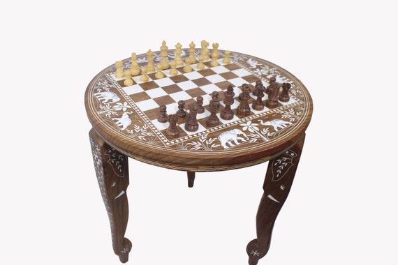 Chess Board Table Wooden Chess Piece Round Chess Table Vintage Home Decor Gift Decorative Inlaid Center Table Coffe Teapoy Table Living Room