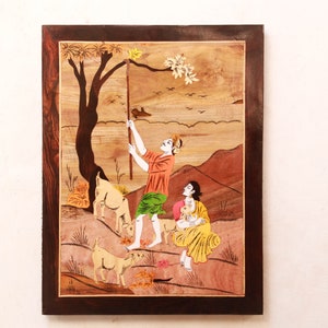 Indian Village Life Scenery Wood Inlay Painting Handmade Vintage Handicraft Antique Home Garden Living Room Lounge Wall Decor Gift Art Rare