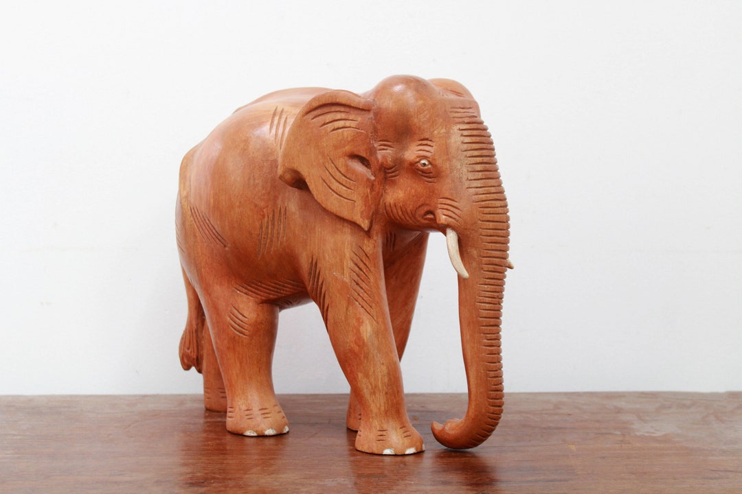 Elephant Statue Wooden Hand Carved Sculpture Vintage / Antique Home ...