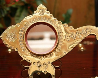 Aranmula Mirror Perfect Image Metal Mirror Vintage Antique Shankh Divine Conch Brass Golden Portable Make Up Table Top Home Decor Mirror
