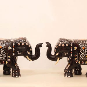 Wooden Elephant Statue Pair Handmade Sculpture Indian Home Decor Office Living Room Garden Decoration Mandir Temple Elephant Dasara Trunk up