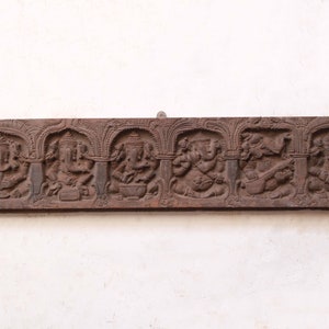 Antique Ganesh Statue Wall Hanging Panel Lintel Door Top Wooden Beam Vintage Temple Carving Hindu God Home Decor Musical Ganesha Sculpture