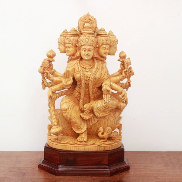 Gayatri Devi Statue Wooden Hindu Goddess Sculpture Hand Carved Figurine Home Temple Mandir Decor Pooja Idol Puja Murti Carving Shakti Deity