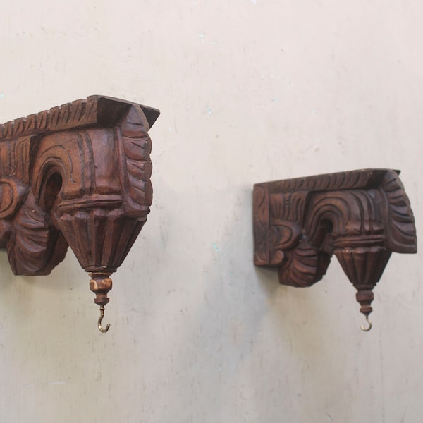 Wooden Wall Bracket Pair Corbel Bodhil Lamp Hanger Plant Shelf Support Door Entrance Lamp Hanger Hook Vintage Home Decor Temple / Mandir Art