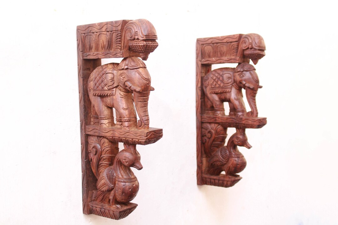 Hand Carved Wooden Elephant Wall Bracket Pair: Annam Bird Sculpture ...
